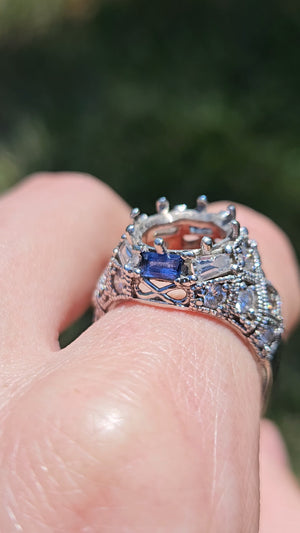 Dramatic 14k White Gold Vintage Reproduction Natural Sapphire Diamond Ring Mount
