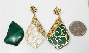 Large Extravagant 18k Yellow Gold Natural Malachite Diamond Tsavorite Dangle Earrings