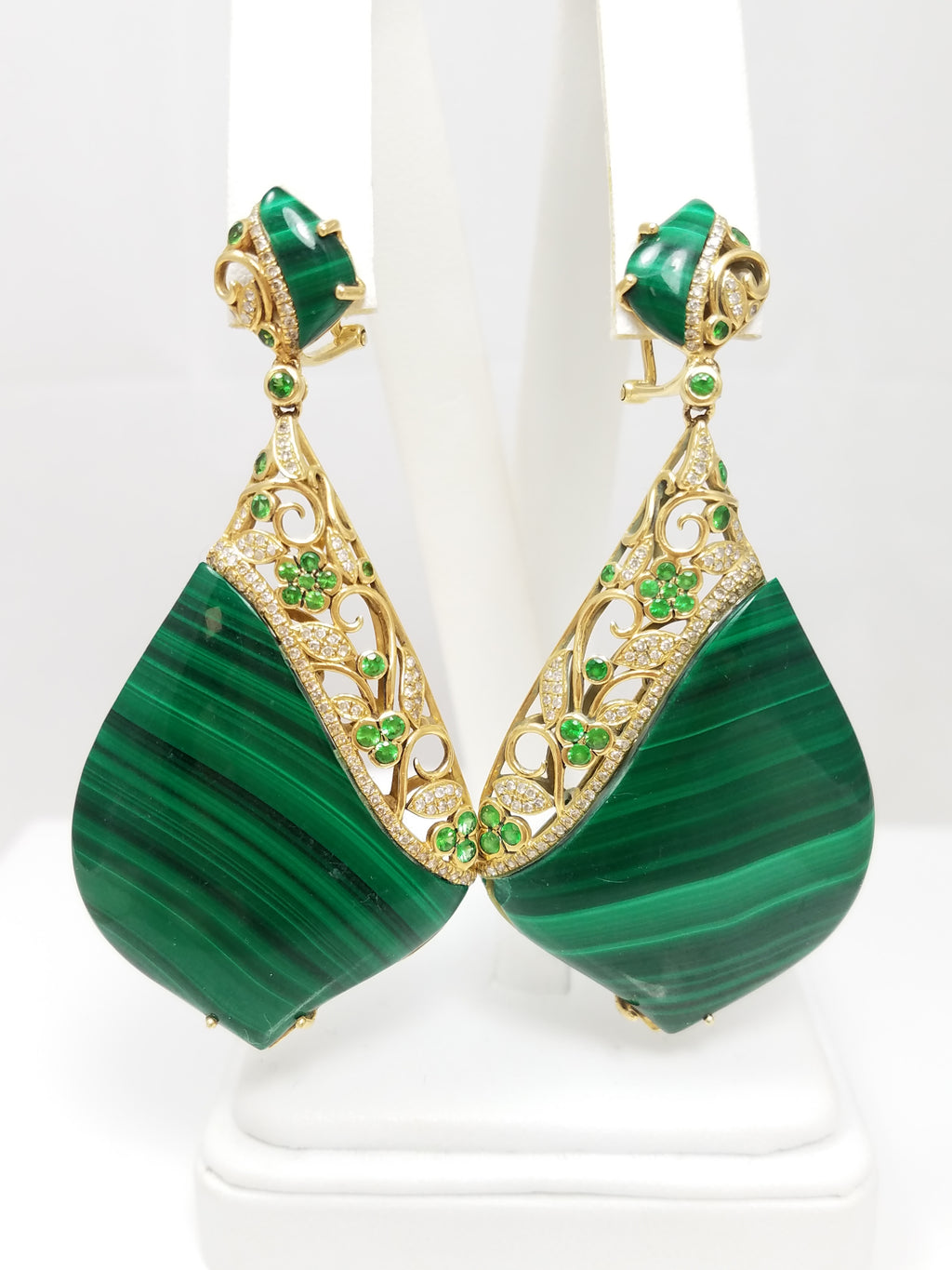 Large Extravagant 18k Yellow Gold Natural Malachite Diamond Tsavorite Dangle Earrings