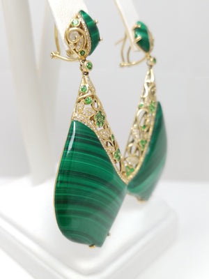 Large Extravagant 18k Yellow Gold Natural Malachite Diamond Tsavorite Dangle Earrings