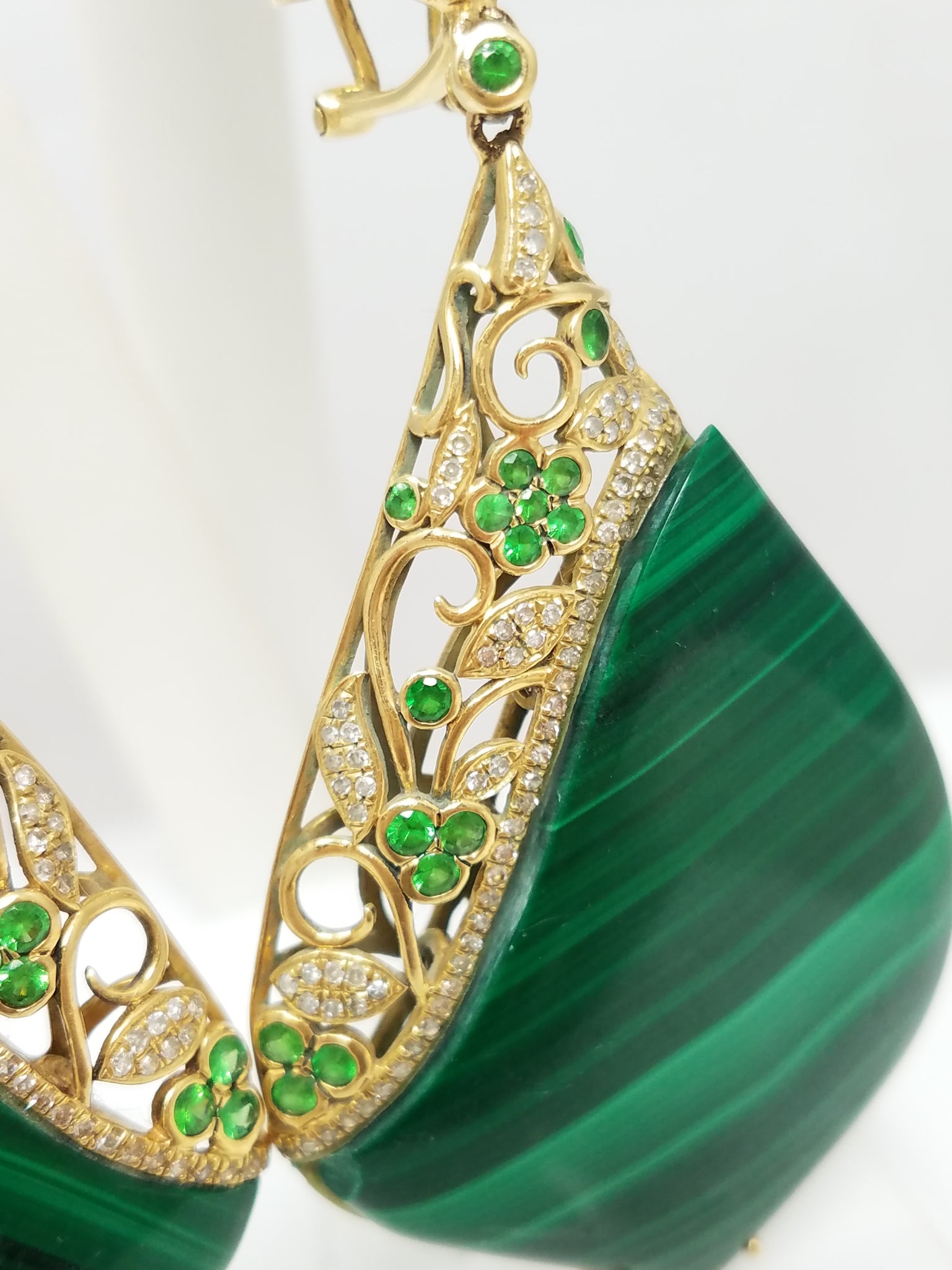 Large Extravagant 18k Yellow Gold Natural Malachite Diamond Tsavorite Dangle Earrings