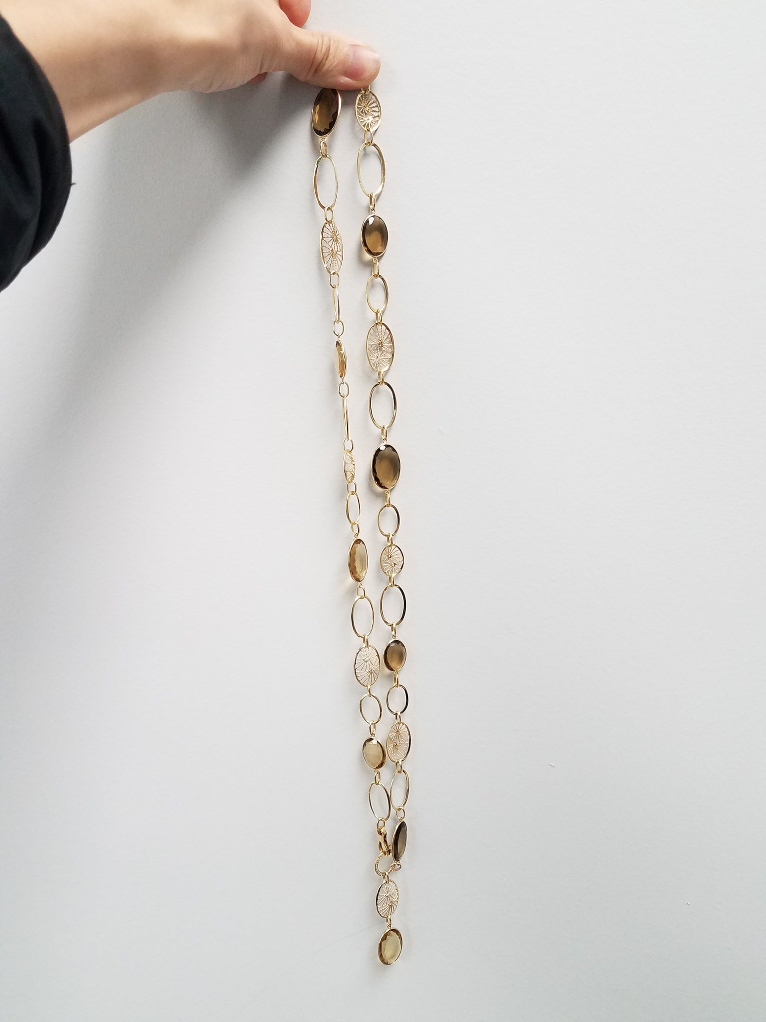 Fashionable 33" 18k Yellow Gold Natural Smoky Quartz Diamond Dangle Necklace