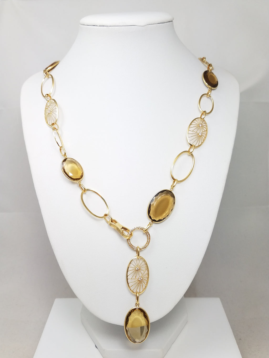 Fashionable 33" 18k Yellow Gold Natural Smoky Quartz Diamond Dangle Necklace