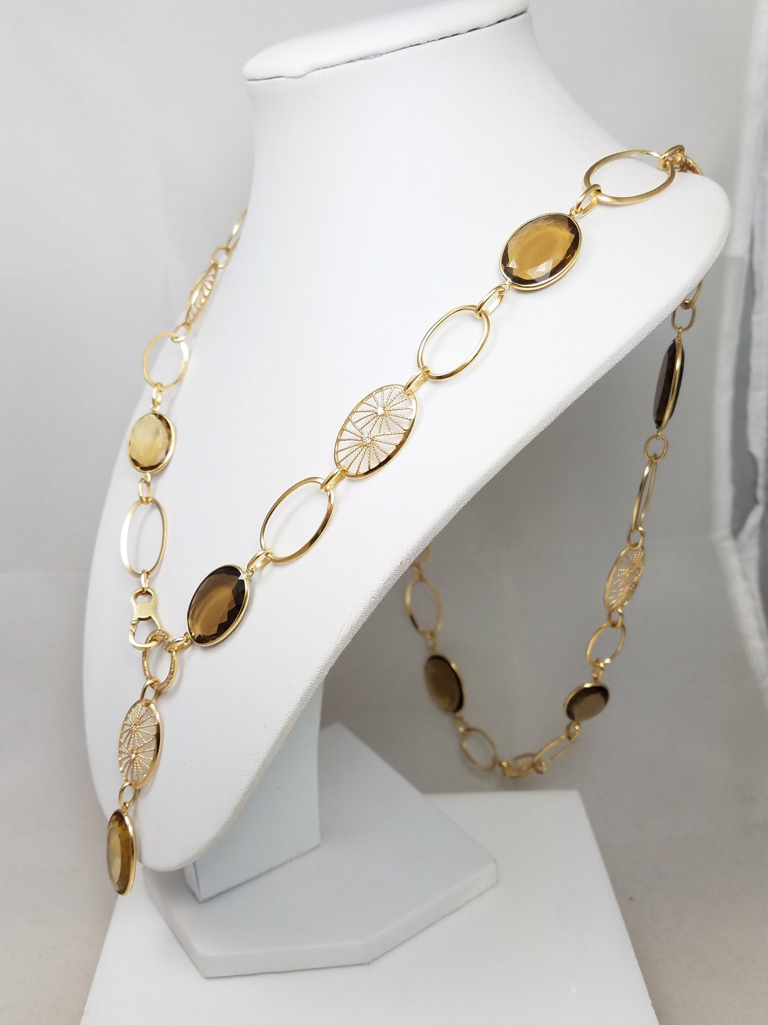 Fashionable 33" 18k Yellow Gold Natural Smoky Quartz Diamond Dangle Necklace