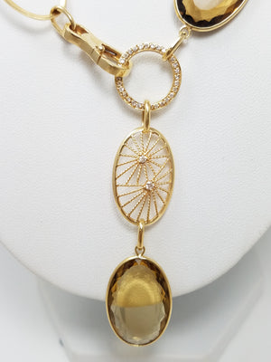 Fashionable 33" 18k Yellow Gold Natural Smoky Quartz Diamond Dangle Necklace