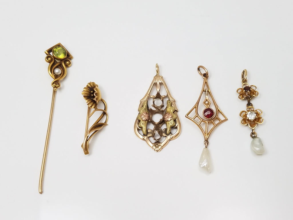 Early 1900's Art Nouveau 14k Yellow Gold Pins & 8k-12k Yellow Gold Lavalier Pendants to Restore