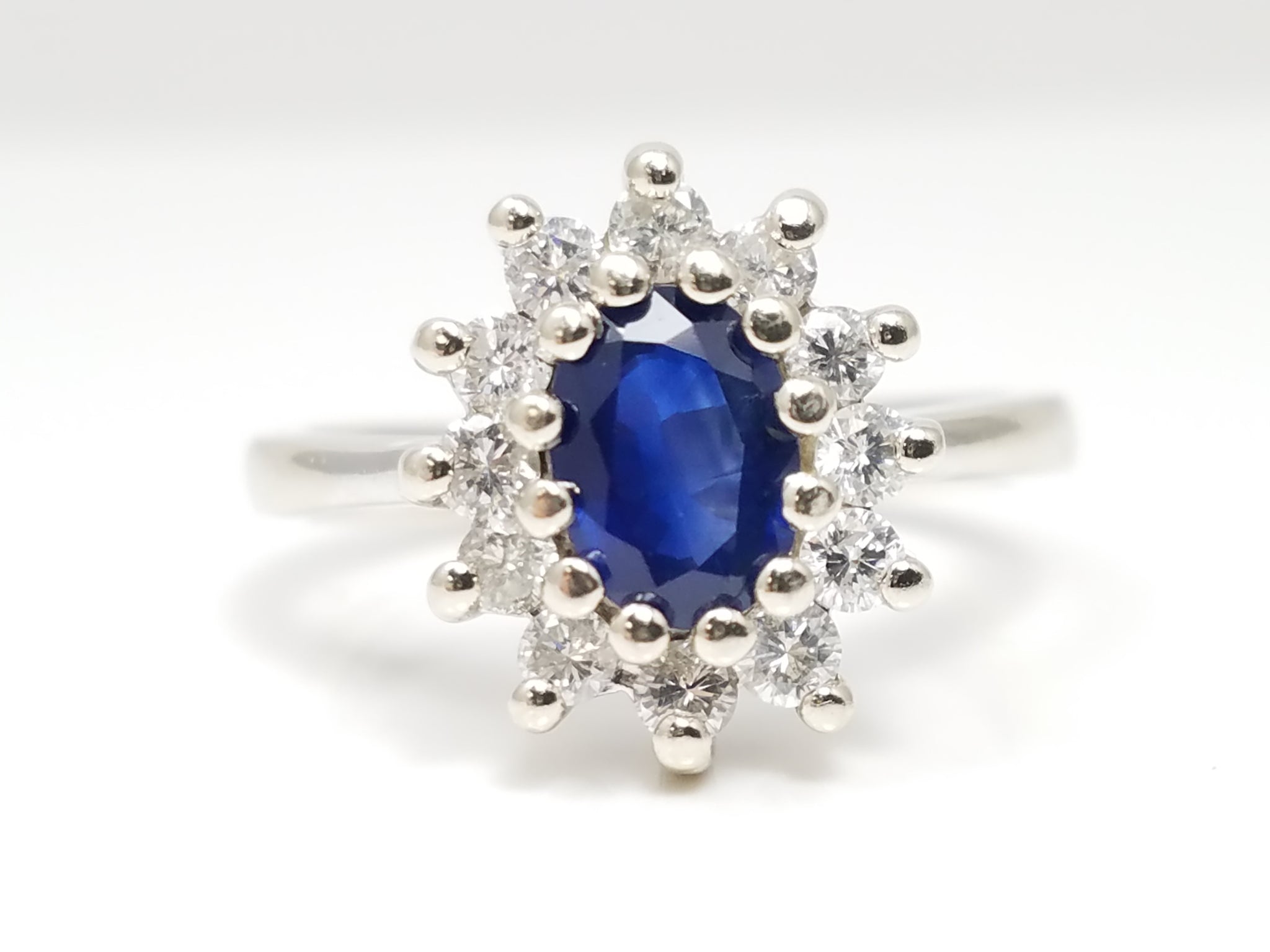 Elegant 14k White Gold Natural Sapphire Diamond Halo Ring