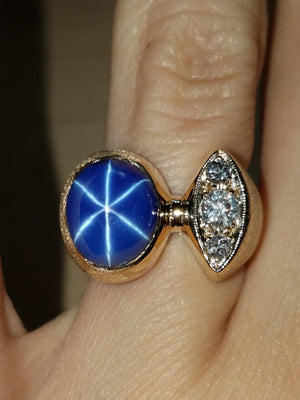 Vintage 14k Yellow Gold Lab Star Sapphire Natural Diamond Custom Ring