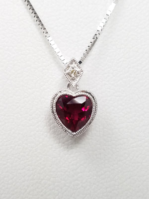 Dazzling 18" 14k White Gold Lab Created Ruby Natural Diamond Pendant Necklace