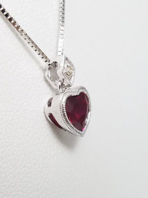 Dazzling 18" 14k White Gold Lab Created Ruby Natural Diamond Pendant Necklace