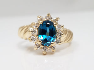 Elegant 14k Yellow Gold Natural Blue topaz Diamond Halo Ring
