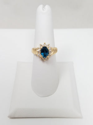 Elegant 14k Yellow Gold Natural Blue topaz Diamond Halo Ring