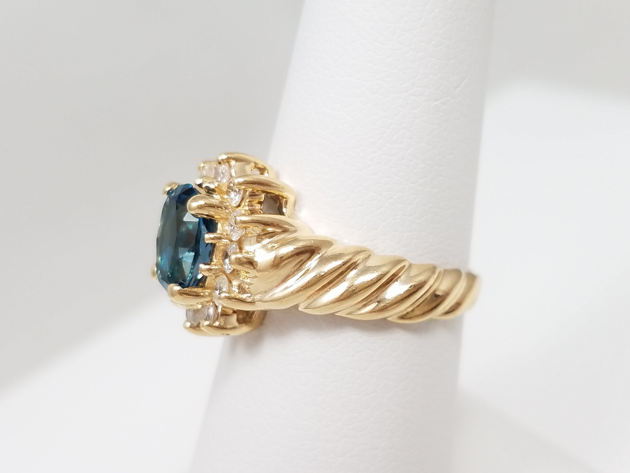 Elegant 14k Yellow Gold Natural Blue topaz Diamond Halo Ring