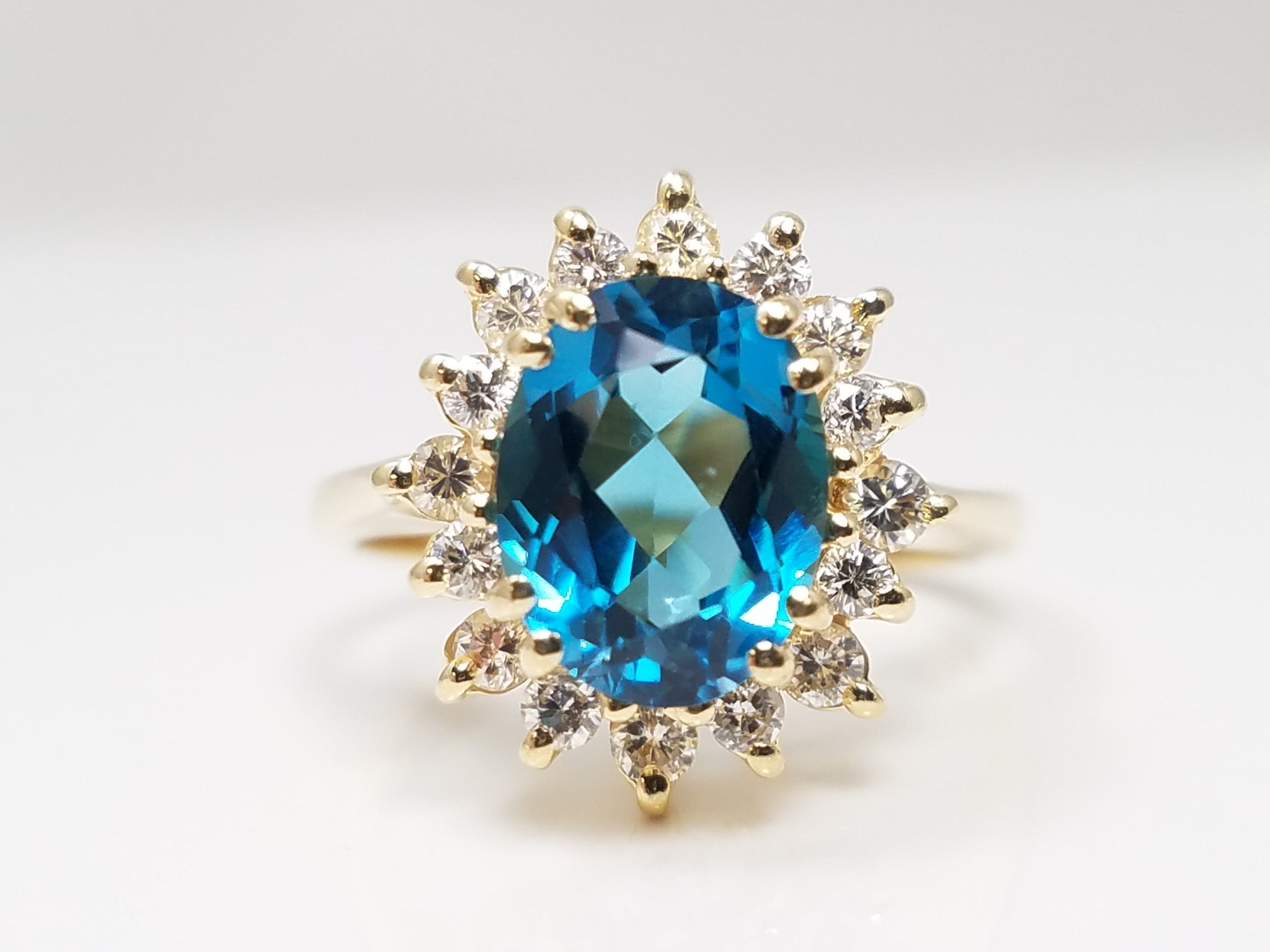 Stunning 14k Yellow Gold Natural Blue Topaz Diamond Halo Ring