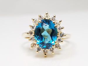 Stunning 14k Yellow Gold Natural Blue Topaz Diamond Halo Ring