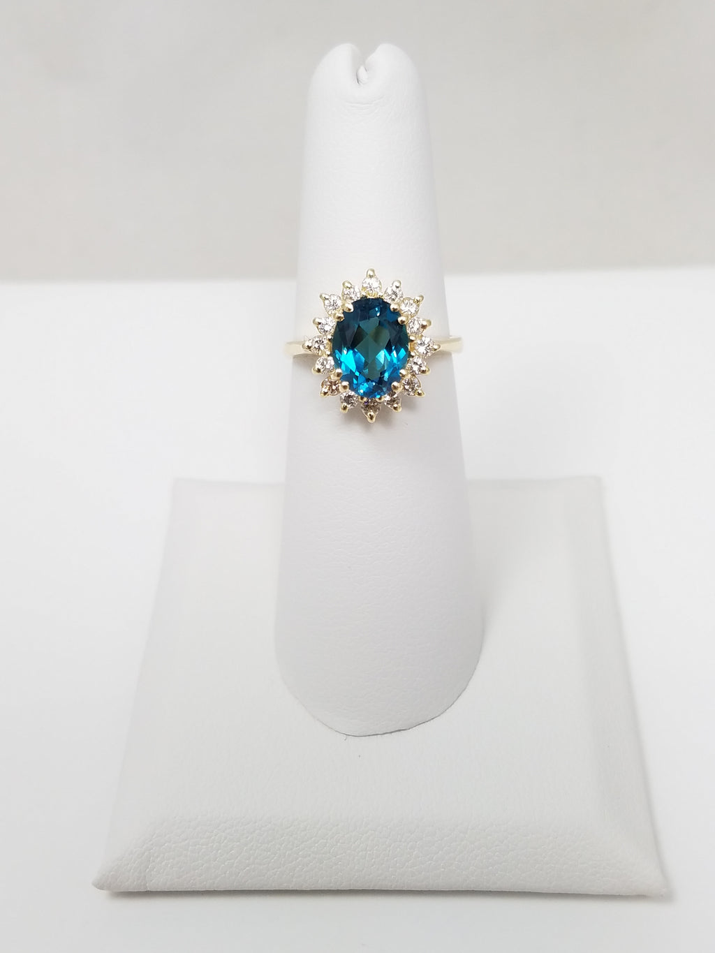 Stunning 14k Yellow Gold Natural Blue Topaz Diamond Halo Ring