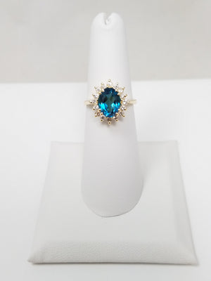 Stunning 14k Yellow Gold Natural Blue Topaz Diamond Halo Ring