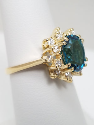 Stunning 14k Yellow Gold Natural Blue Topaz Diamond Halo Ring