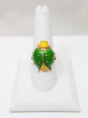 Vintage Handcrafted 14K Yellow Gold & Enamel Beetle Ring
