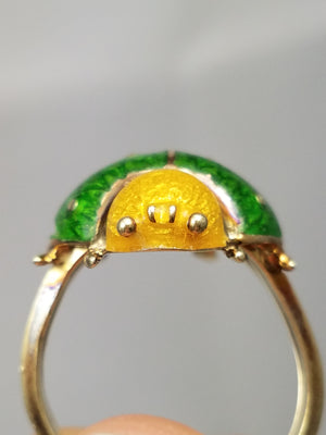 Vintage Handcrafted 14K Yellow Gold & Enamel Beetle Ring