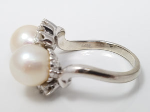 Elegant Double Akoya Pearl & Diamond Ring in 14K White Gold