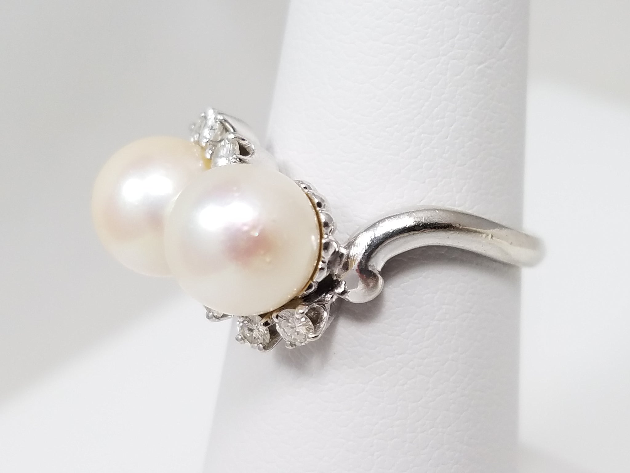 Elegant Double Akoya Pearl & Diamond Ring in 14K White Gold