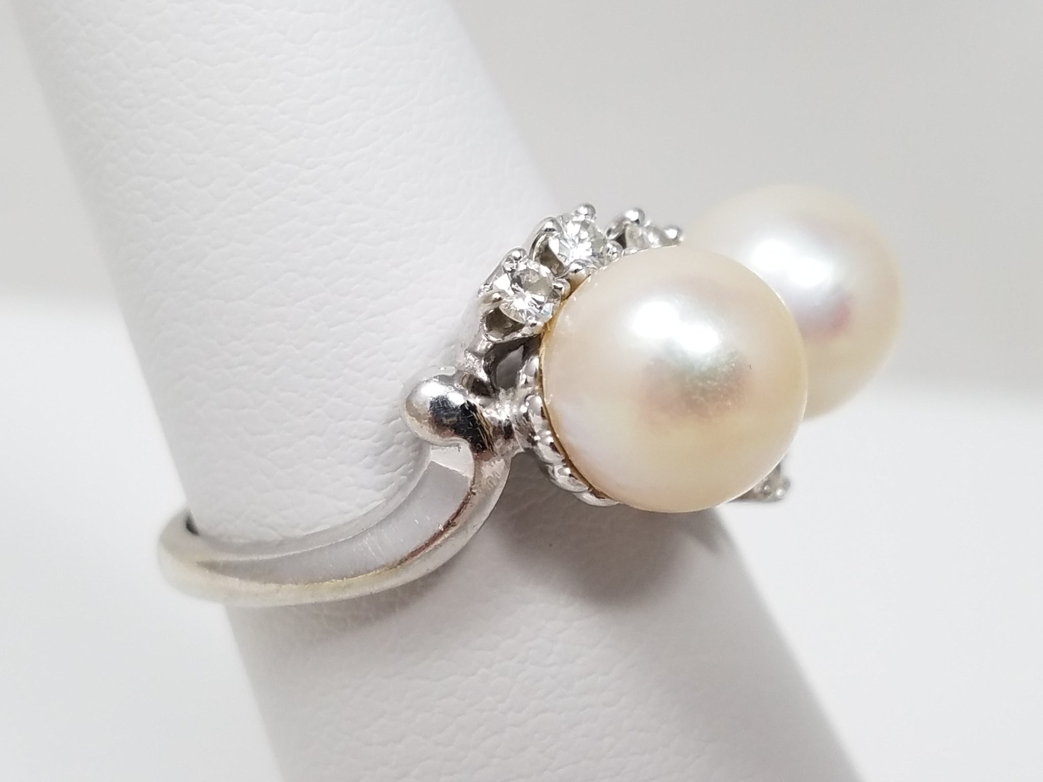 Elegant Double Akoya Pearl & Diamond Ring in 14K White Gold
