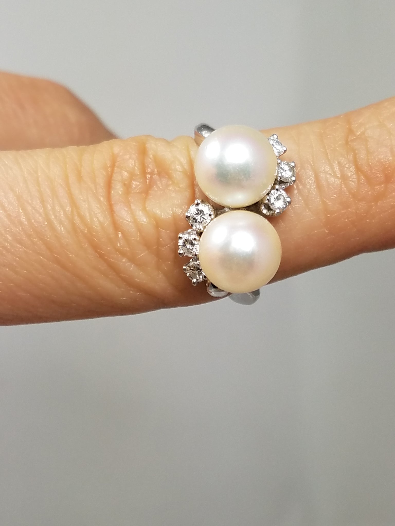 Elegant Double Akoya Pearl & Diamond Ring in 14K White Gold