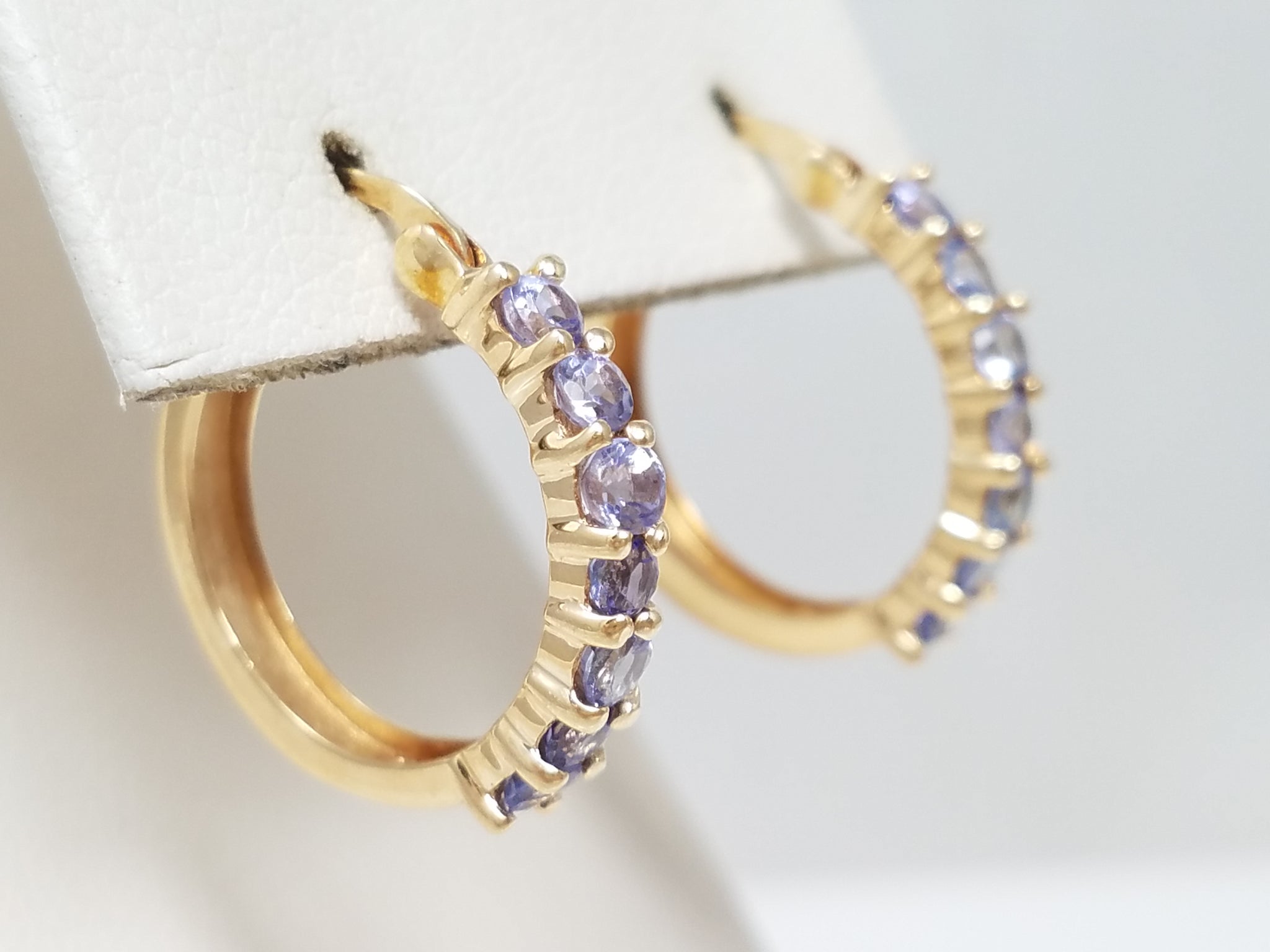 Stylish 14k Yellow Gold Natural Tanzanite Hoop Earrings