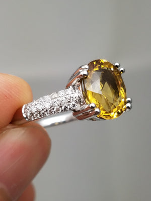 Oval Citrine Ring with Diamond Pavé Band in 14K White Gold