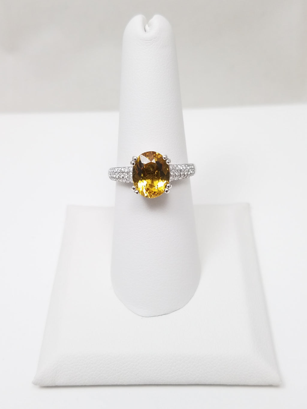 Oval Citrine Ring with Diamond Pavé Band in 14K White Gold