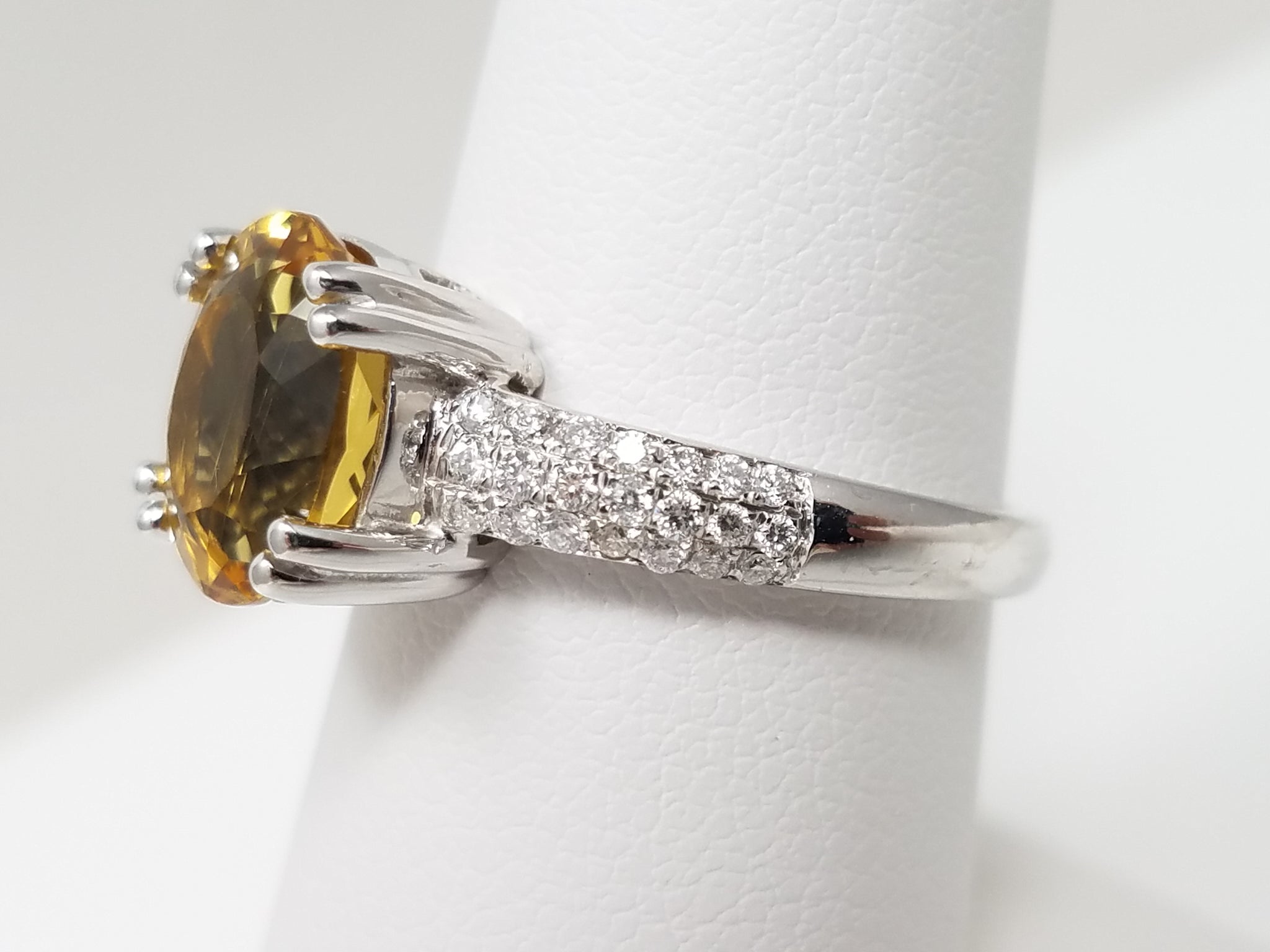 Oval Citrine Ring with Diamond Pavé Band in 14K White Gold