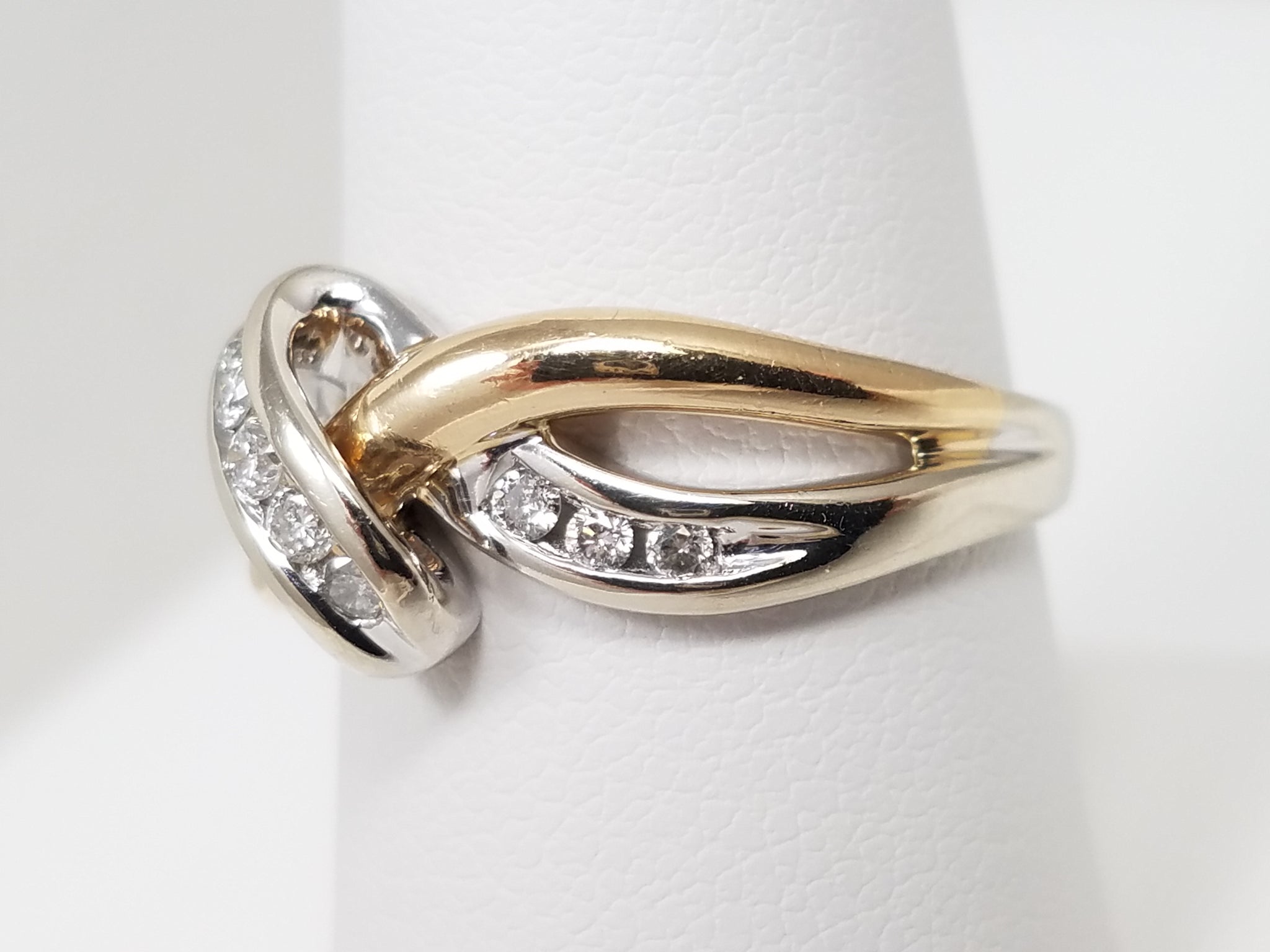 Two Tone 14k Gold Diamond Crossover Ring