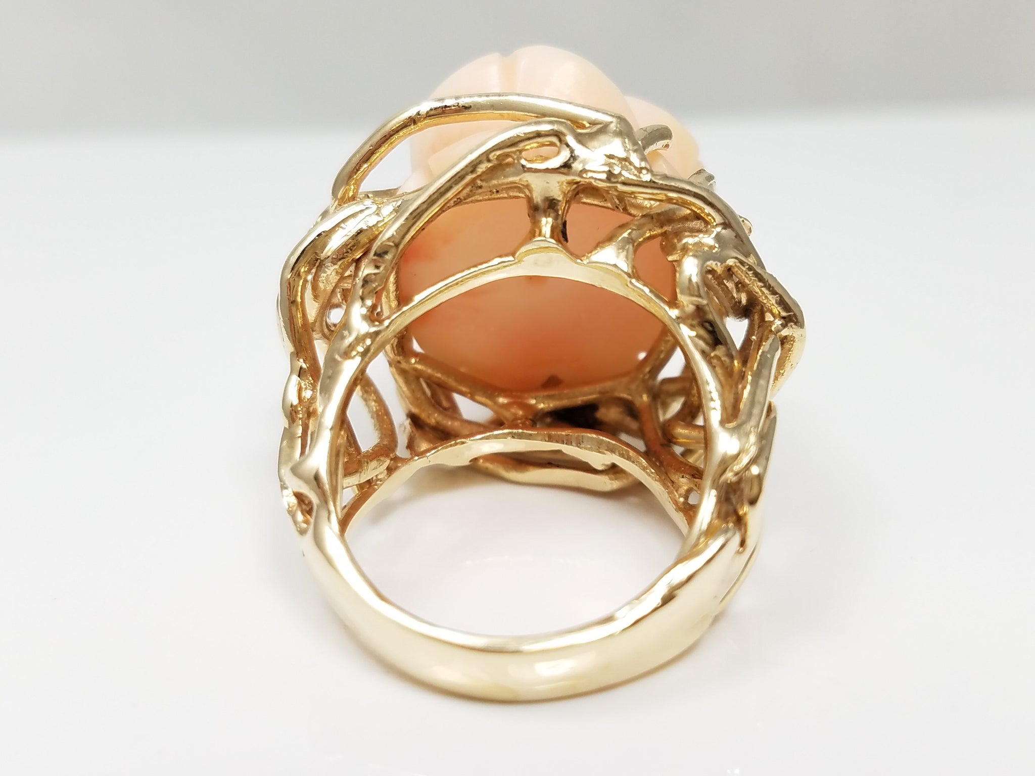 Floral Carved Natural Coral 14k Yellow Gold Ring