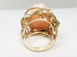 Floral Carved Natural Coral 14k Yellow Gold Ring