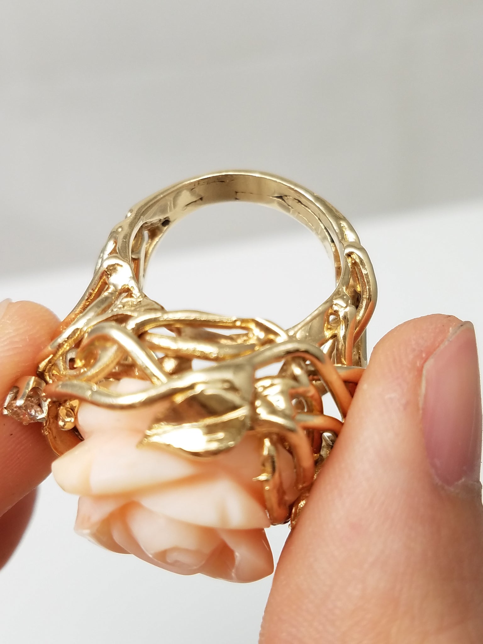 Floral Carved Natural Coral 14k Yellow Gold Ring
