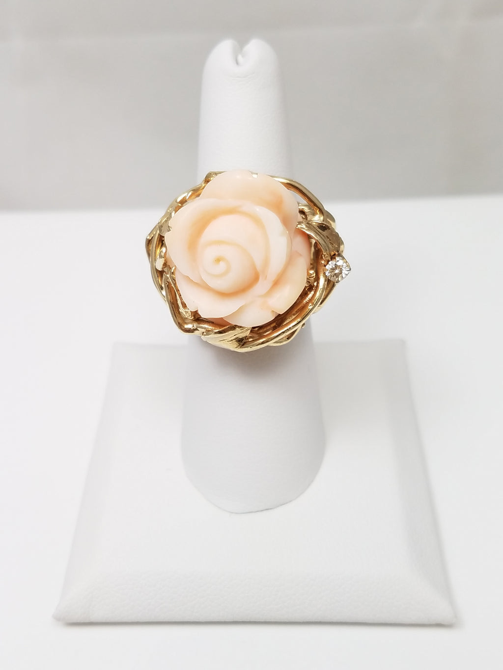 Floral Carved Natural Coral 14k Yellow Gold Ring