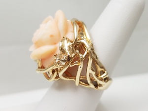 Floral Carved Natural Coral 14k Yellow Gold Ring