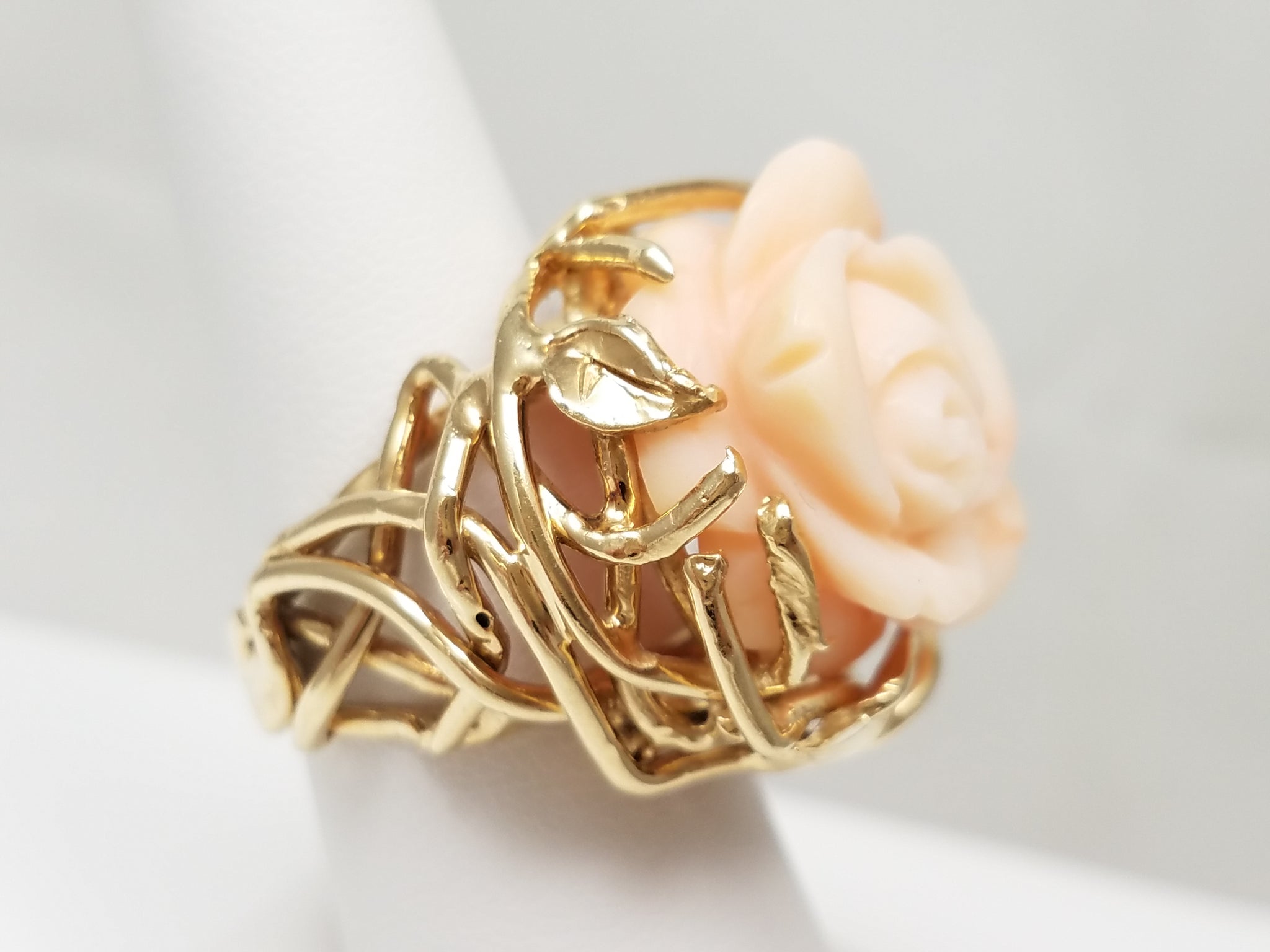 Floral Carved Natural Coral 14k Yellow Gold Ring