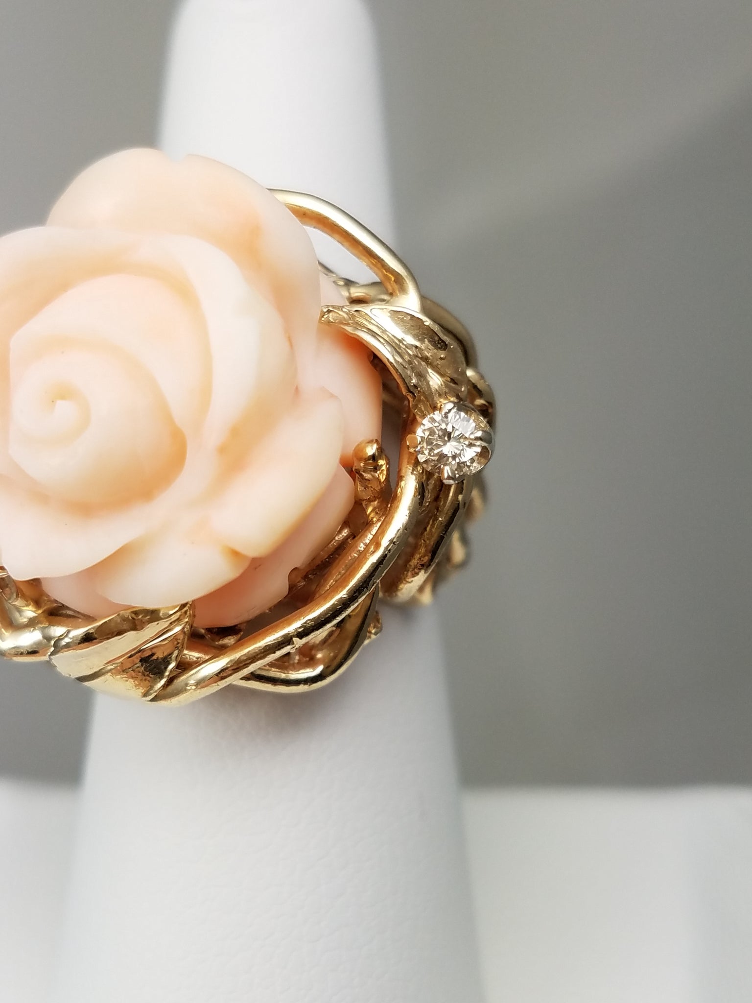 Floral Carved Natural Coral 14k Yellow Gold Ring
