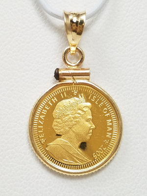 New! Beautiful 2005 Isle Of Man 1/20oz 24k Gold Coin In 14k Yellow Gold Pendant