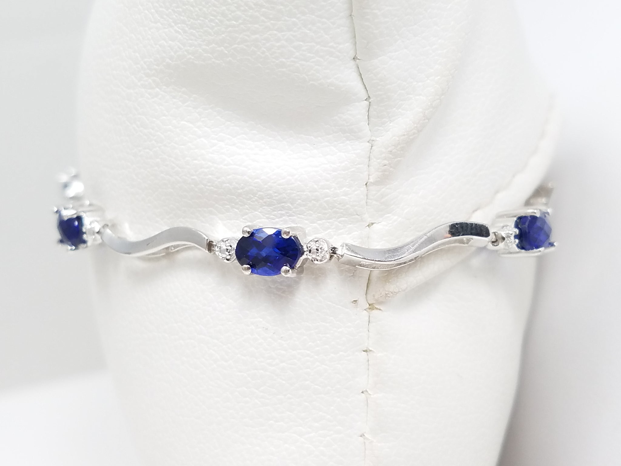 Dainty 7" 10k White Gold Lab Created Sapphire Bracelet