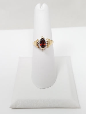 Fiery Natural Garnet + Diamond Halo Ring in 10k Yellow Gold