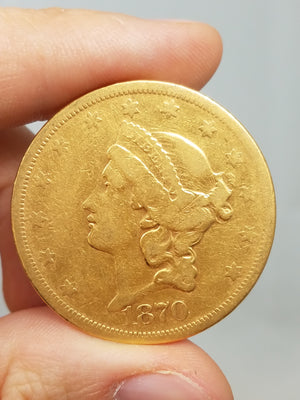 Rare US 1870-S Civil War Era $20 Liberty Head Gold Coin