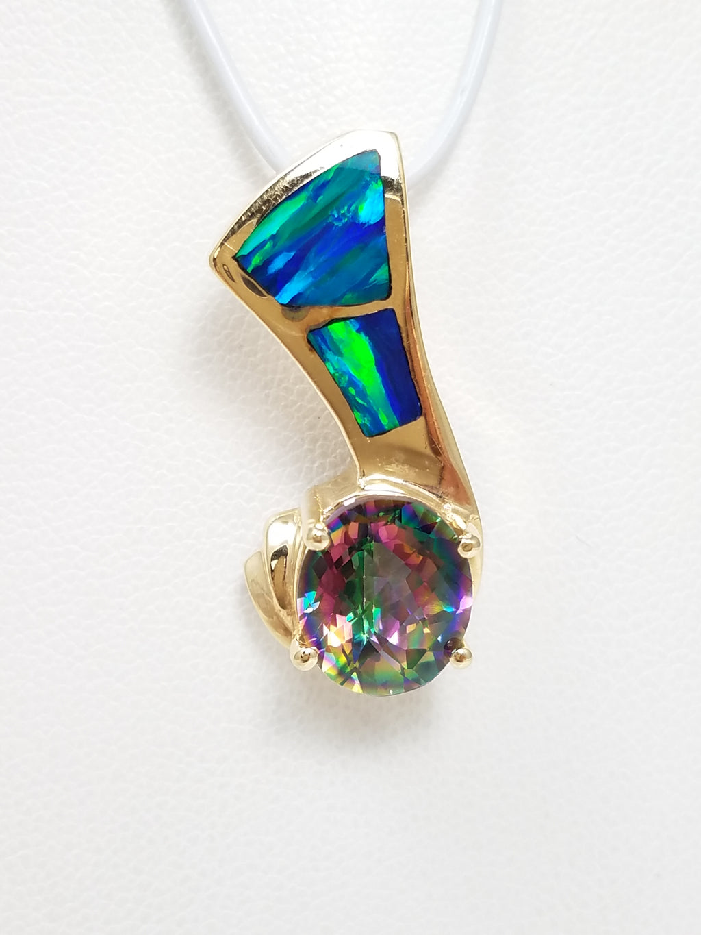 Remarkable 14k Yellow Gold Natural Mystic Topaz Lab Created Opal Custom Pendant