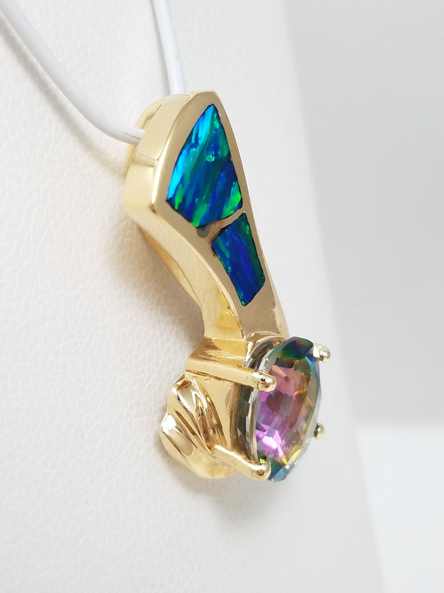 Remarkable 14k Yellow Gold Natural Mystic Topaz Lab Created Opal Custom Pendant