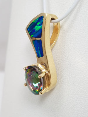Remarkable 14k Yellow Gold Natural Mystic Topaz Lab Created Opal Custom Pendant