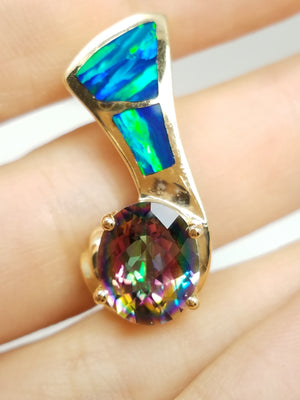 Remarkable 14k Yellow Gold Natural Mystic Topaz Lab Created Opal Custom Pendant