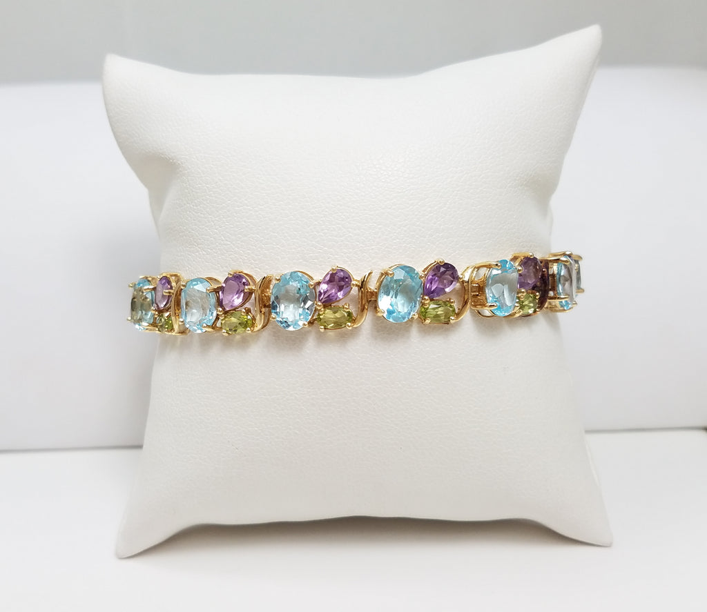 Unique 7.25" 14k Yellow Gold Natural Blue Topaz Amethyst Peridot Custom Bracelet