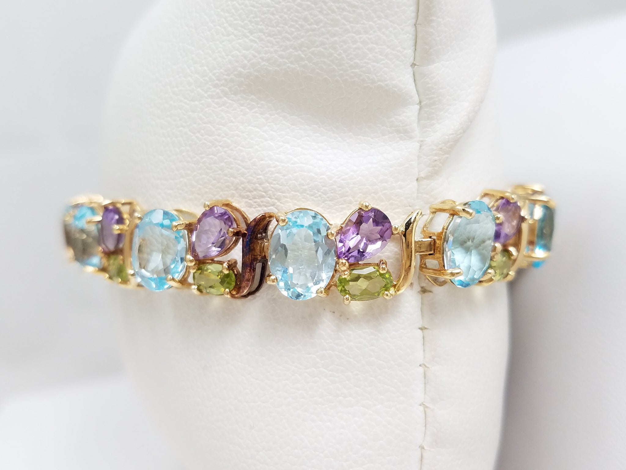 Unique 7.25" 14k Yellow Gold Natural Blue Topaz Amethyst Peridot Custom Bracelet